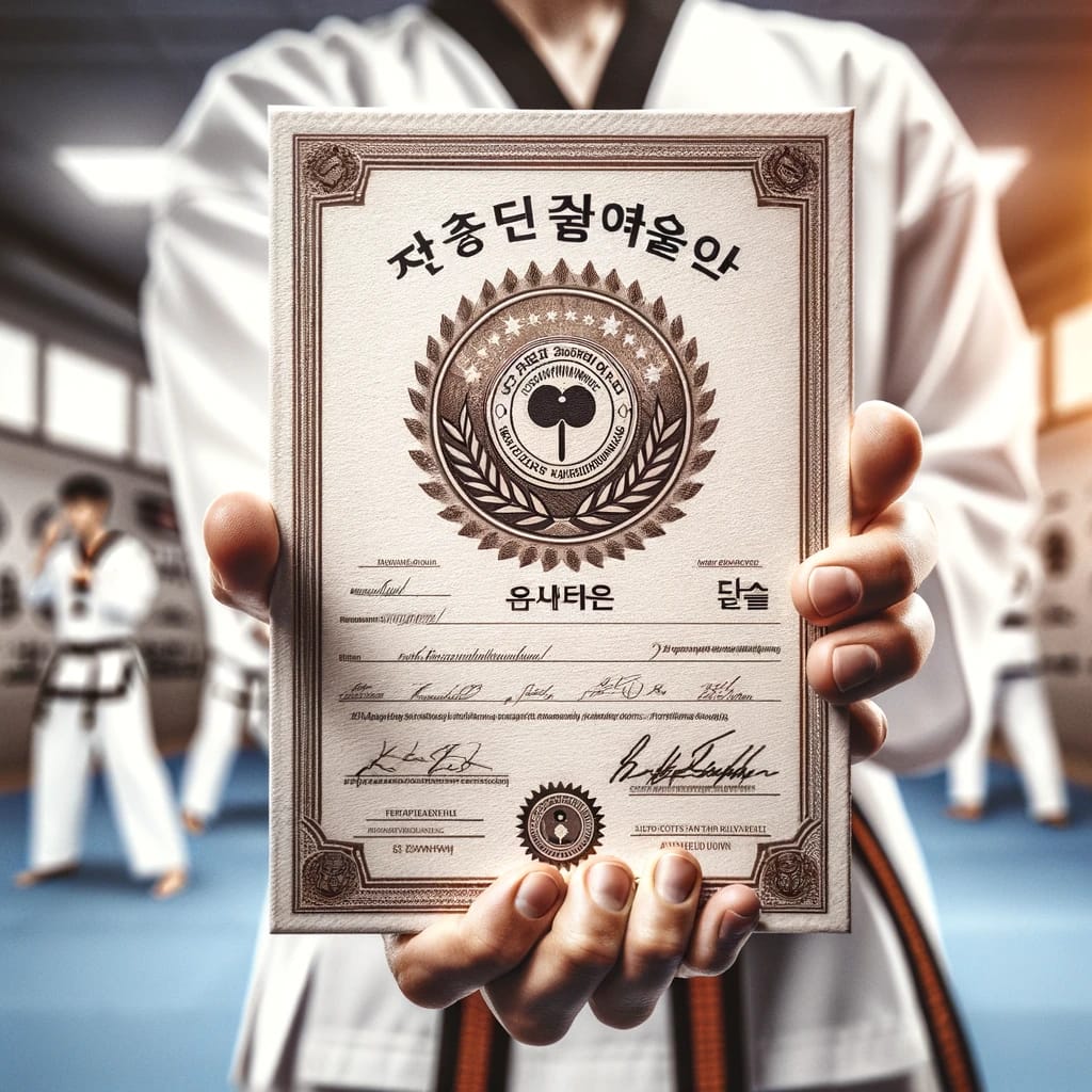 Close-up of a hand holding a Kukkiwon Dan Certificate with a Taekwondo dojang in the background.