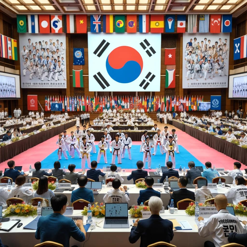 Instructors from around the world engage in lively discussions at a global Taekwondo conference.