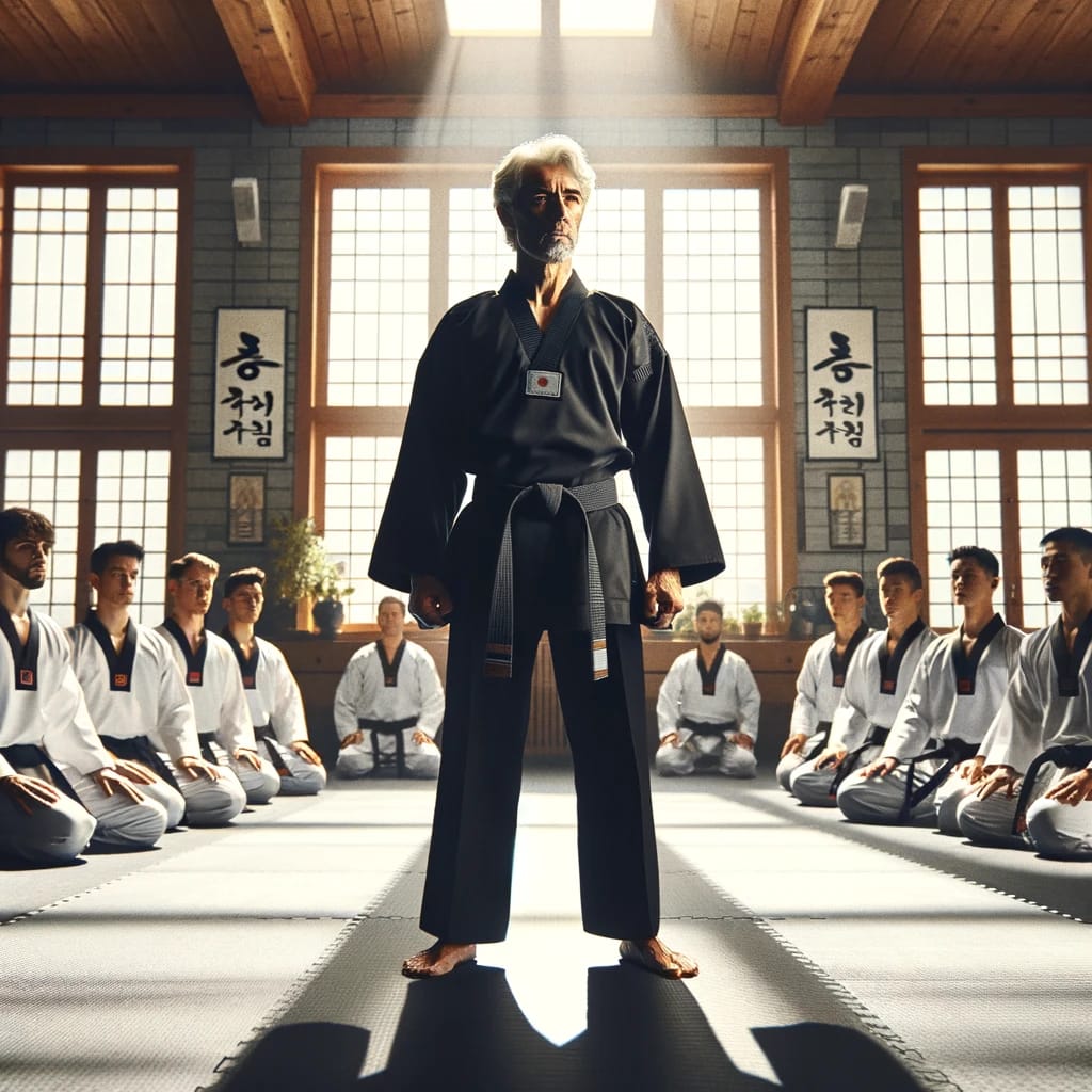 A Taekwondo master preparing to lead an advanced training session in a traditional dojang, surrounded by students.