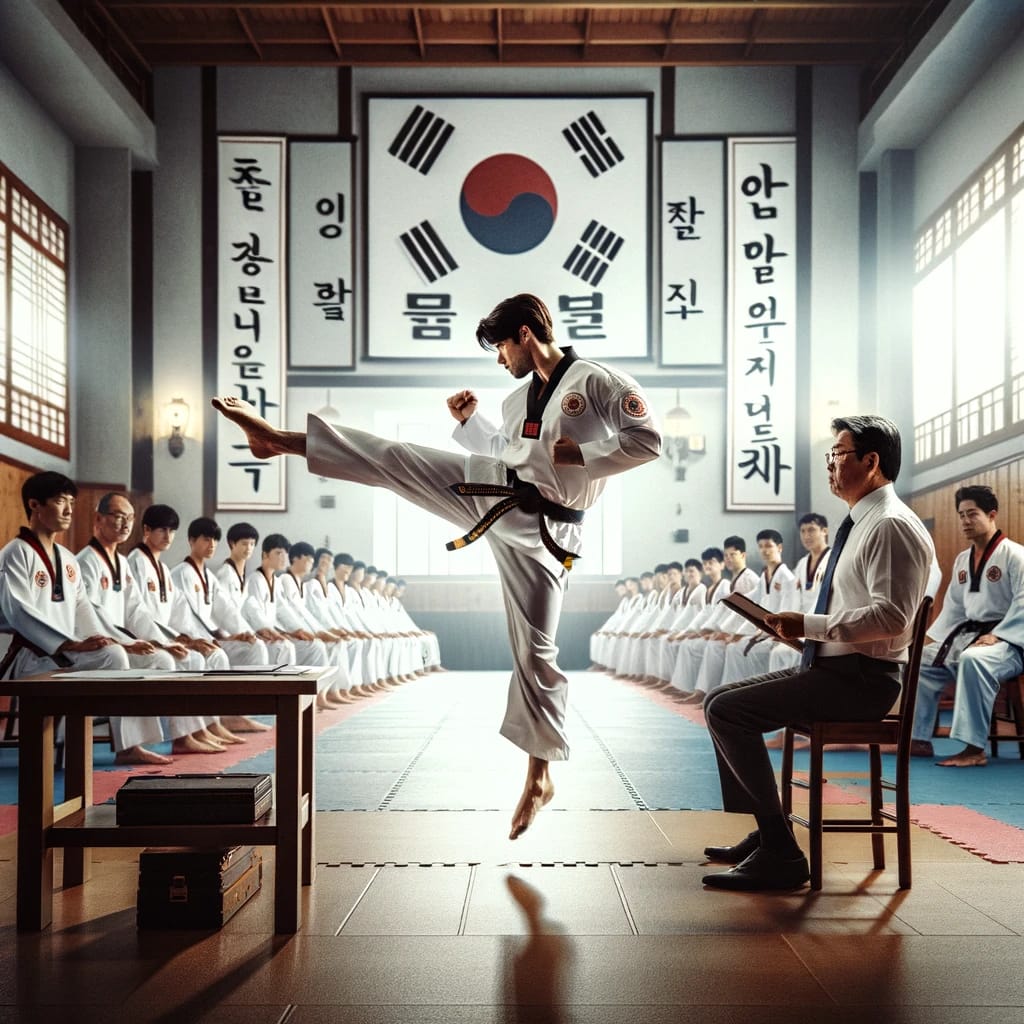 A Taekwondo black belt test in progress, highlighting a candidate's jump kick with judges observing.