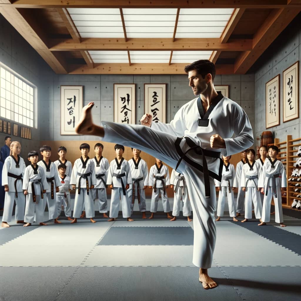 A Taekwondo instructor demonstrating a high kick in front of a diverse group of students in a well-equipped dojang.