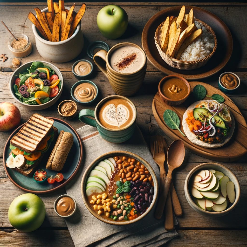 A variety of vegan meals laid out on a rustic wooden table, including breakfast with peanut butter and banana toast and a soy milk latte, lunch featuring a grilled tempeh wrap with veggies and baked sweet potato fries, dinner with vegan chili, brown rice, and a green salad, and a snack of apple slices with almond butter.