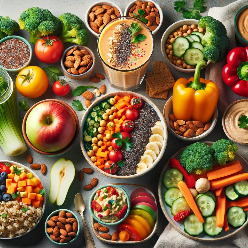 A vibrant display of vegan meals for a day, featuring a smoothie bowl, apple with almonds, hummus with veggies, quinoa salad with crackers, and stuffed peppers with broccoli.