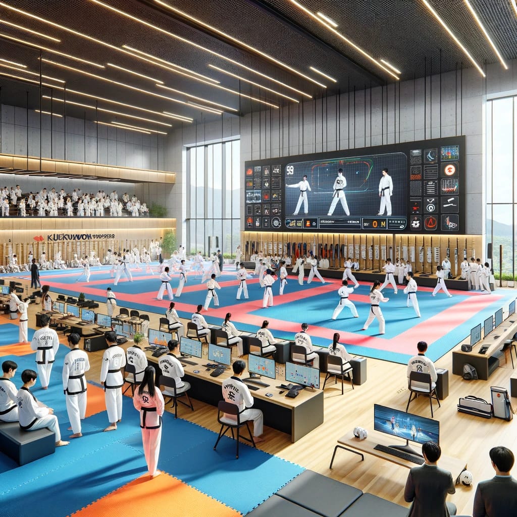 A modern Taekwondo training facility for the Kukkiwon Master Course 2024, blending traditional techniques with advanced technology.