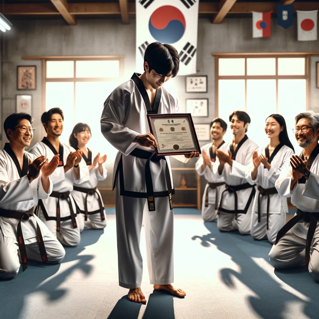 A Taekwondo practitioner receiving a Kukkiwon Black Belt Certificate in a celebratory ceremony in the dojang.