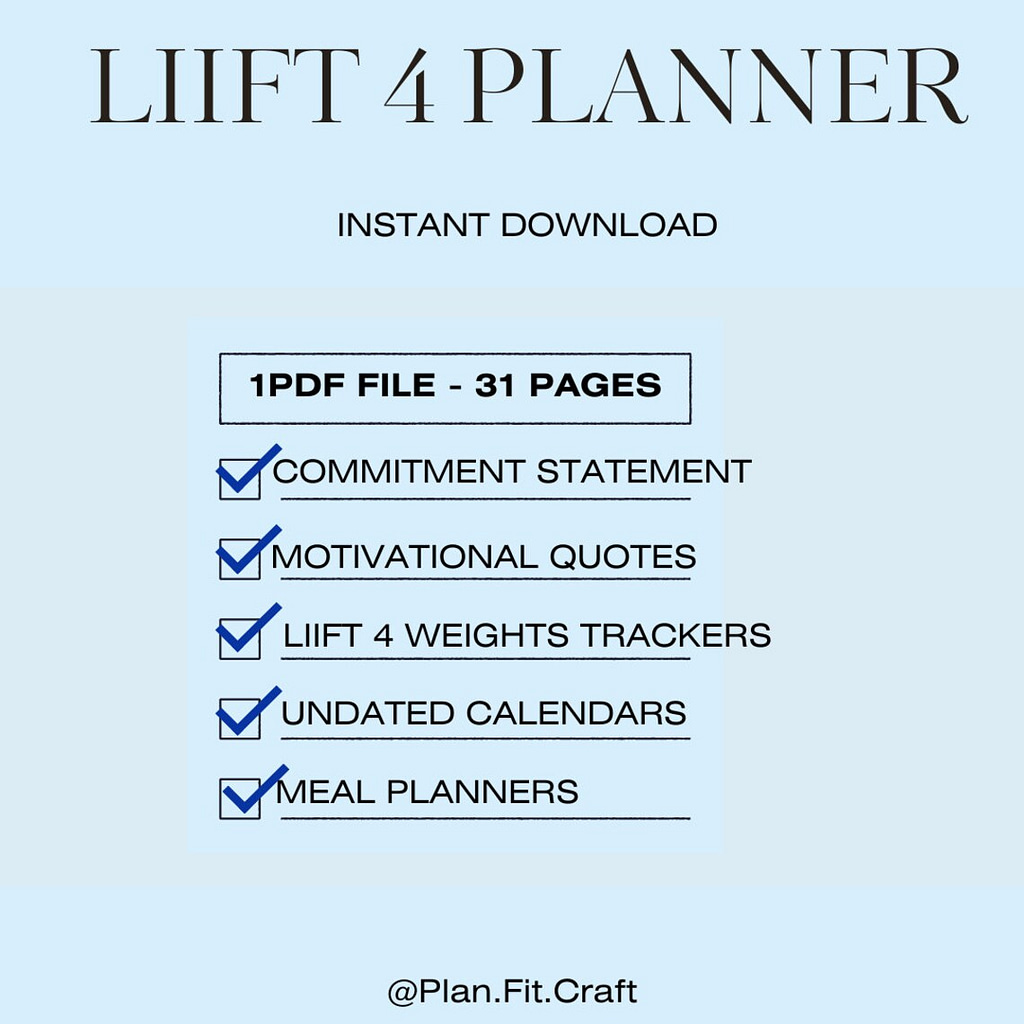 Digital 8 Week Fitness Planner from Plan.Fit.Craft with trackers and calendars.