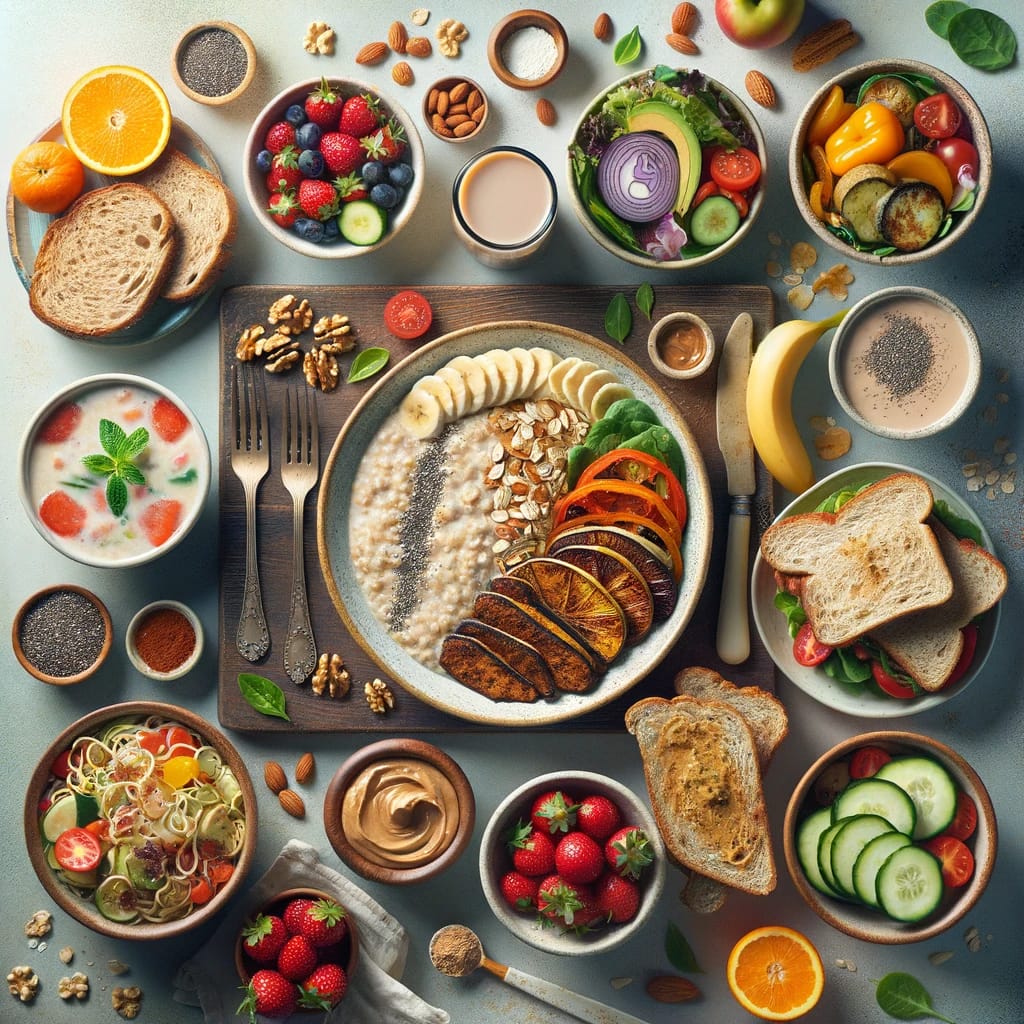 A table laden with various vegan meals representing a day's diet, including a bowl of oatmeal with bananas and maple syrup, strawberries and walnuts for a snack, a tempeh sandwich with a side salad for lunch, an orange and almond butter for another snack, and a dinner plate of roasted vegetable pasta beside slices of garlic bread.