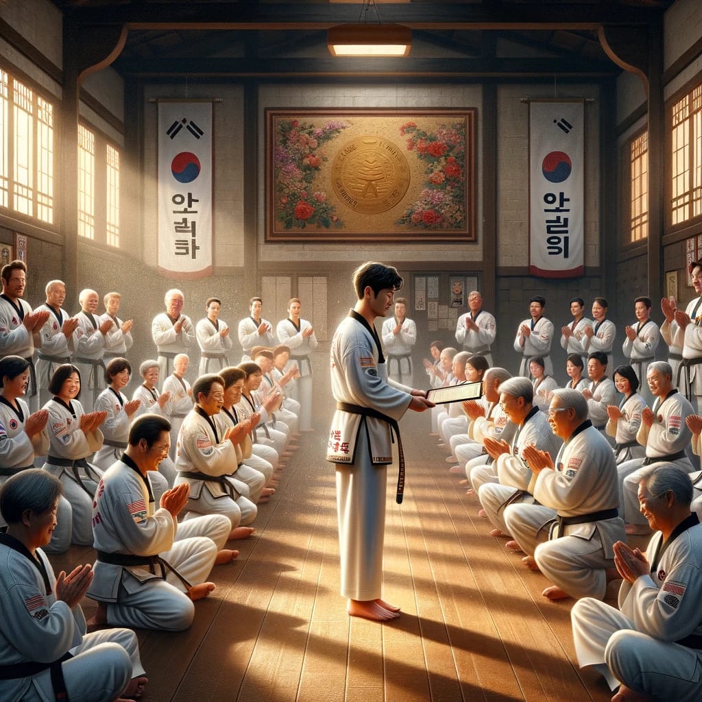 A Taekwondo practitioner receiving the Kukkiwon certificate in a ceremony surrounded by the community.