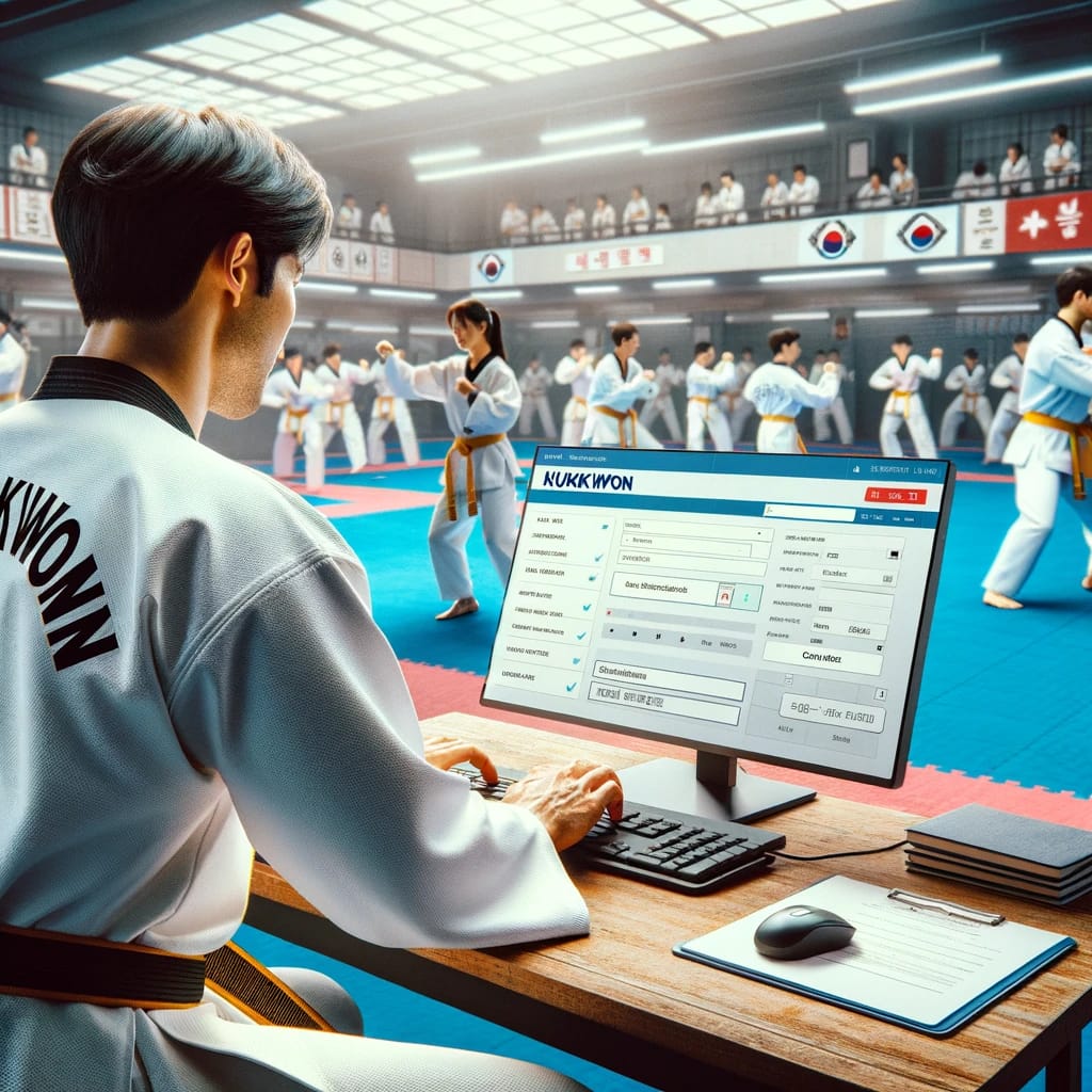 A Taekwondo practitioner performs a Kukkiwon Dan check on a computer in a busy dojang.