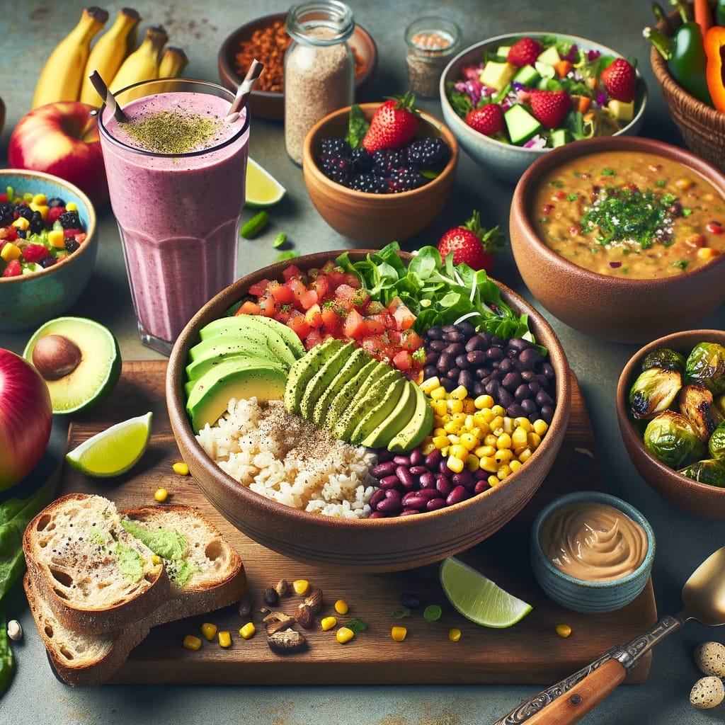A vibrant, colorful spread of vegan meals including a burrito bowl, protein smoothie, avocado toast, lentil soup, roasted Brussels sprouts, with snacks of apples, bananas, and carrots.