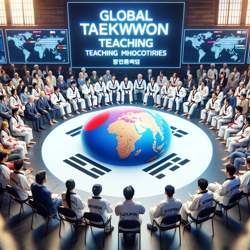 International Taekwondo instructors and masters in a seminar discussing global teaching methodologies.