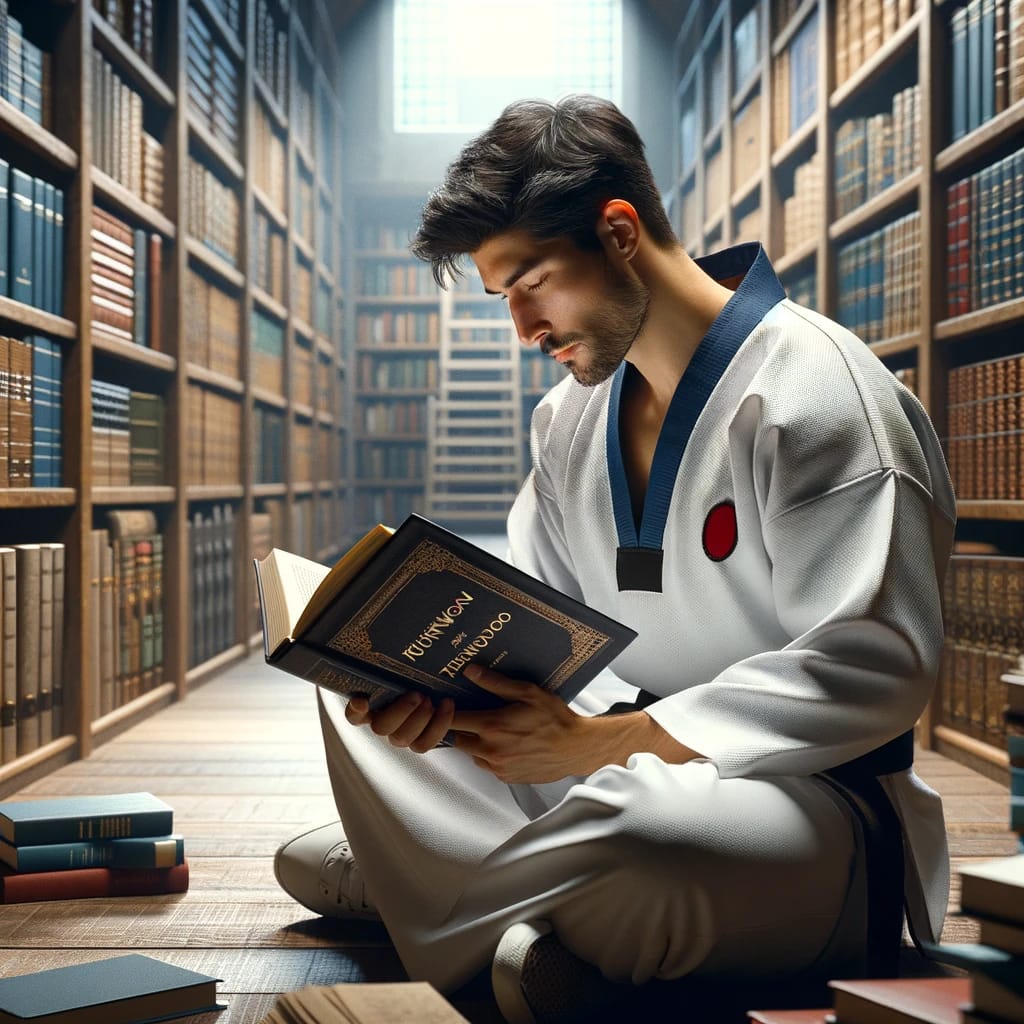 A Taekwondo practitioner studying the "Kukkiwon Taekwondo Textbook" in a serene library environment.