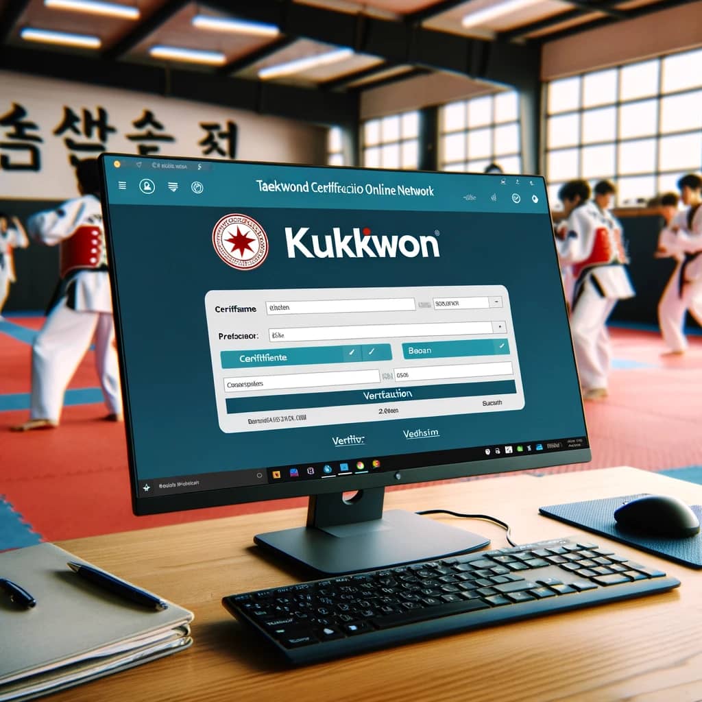 A computer screen displaying the TCon system for verifying Kukkiwon Dan certificates, with a Taekwondo class in the background.