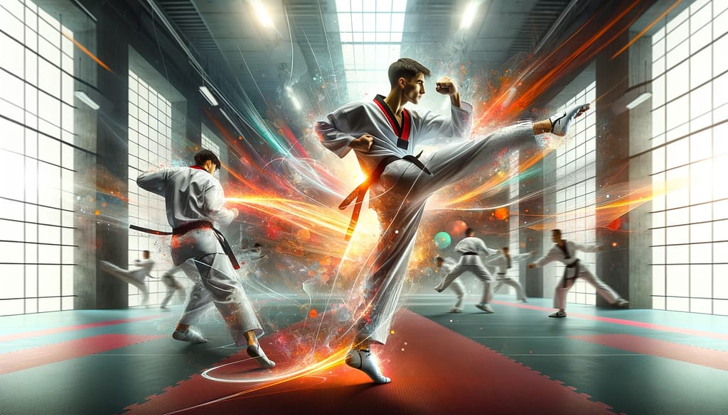 About the Dojang | Taekwondo4Fitness | Martial Arts | Dynamic martial arts image on a Taekwondo fitness website showcasing practitioners of World Taekwondo style in action, executing high-flying kicks and precise strikes, symbolizing the athleticism, discipline, and global spirit of the sport.