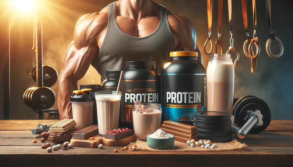 Protein powder, bars, and shakes for muscle recovery.