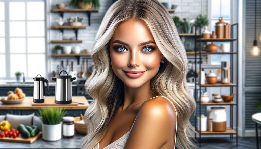 Top Home | Radiant young blonde woman with vibrant blue eyes smiling in a stylish kitchen, surrounded by high-quality home and kitchen products.