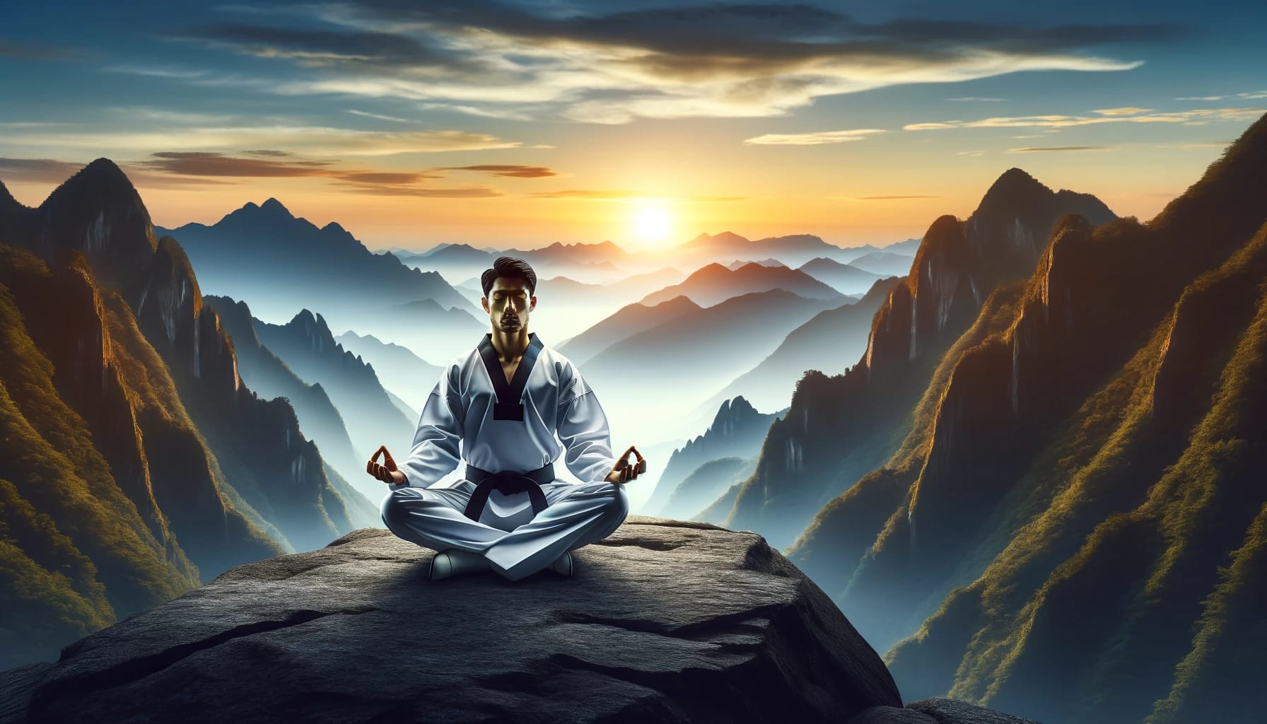 Taekwondo practitioner in meditative pose on mountain at sunrise