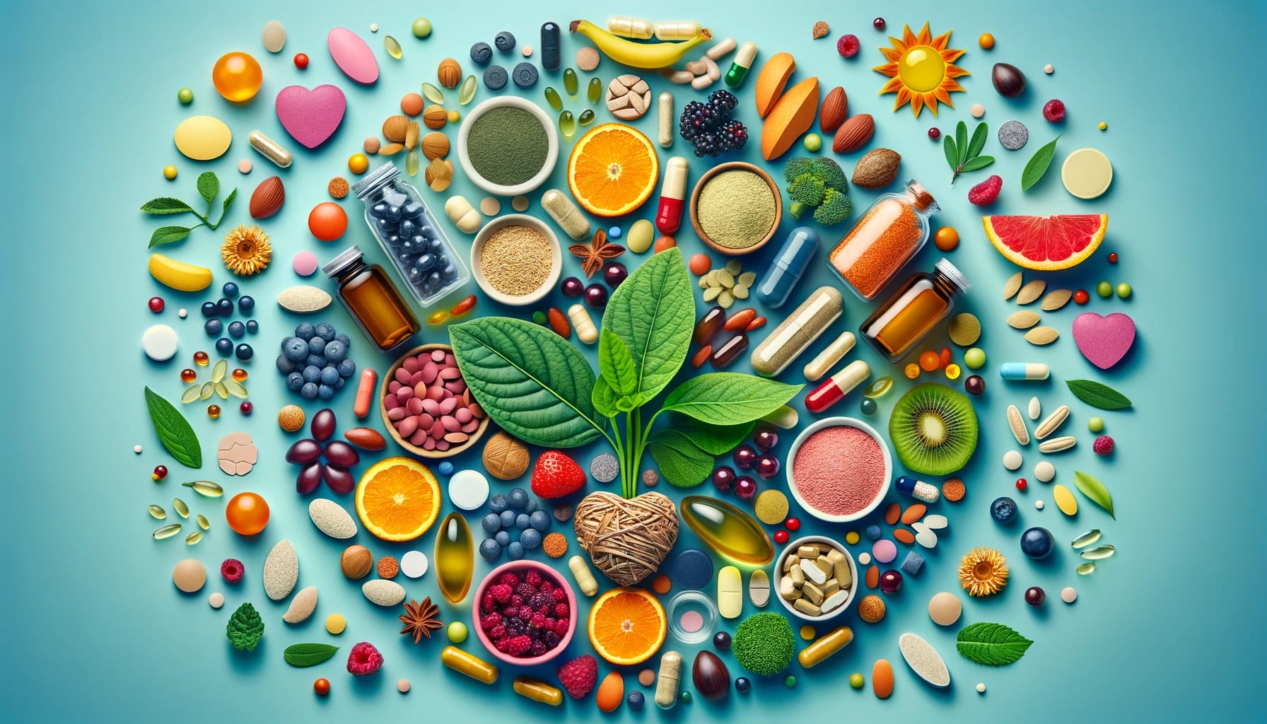 Collage of health supplements including vitamins, minerals, herbal extracts, berries, and nuts on a vibrant background.