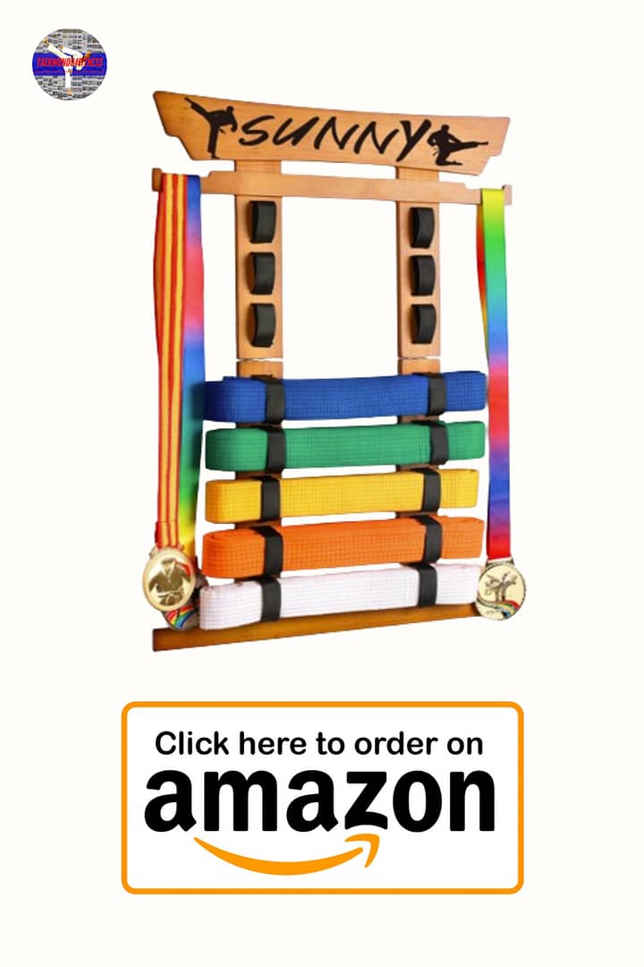 Tilhumt 8 Belt Karate Belt Display Rack with Medal Hanger and Stickers, Taekwondo Belt Display Holder, Martial Arts Belt Display Organizer for Kids and Adults, No Assembly Required (Bamboo/Acrylic)