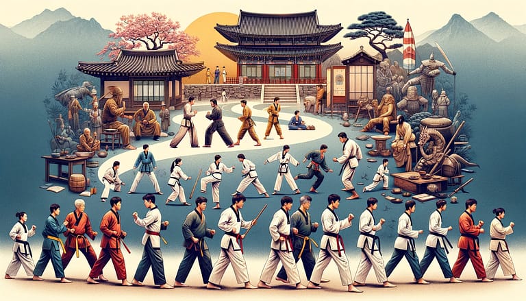 History of Taekwondo - An image that captures the historical and cultural journey of Taekwondo, possibly including elements from its origins to modern practice.