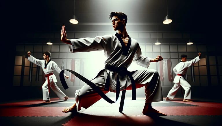 Detailed image showcasing the sequences of WT Black Belt Poomsae, with practitioners demonstrating advanced stances, kicks, and hand techniques, reflecting the discipline, precision, and artistry of high-level Taekwondo.
