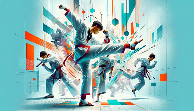 Illustrative image depicting practitioners performing the New Kukkiwon Poomsae, showcasing advanced techniques, dynamic movements, and the modern evolution of Taekwondo forms, underlining the martial art's continuous growth and adaptation.