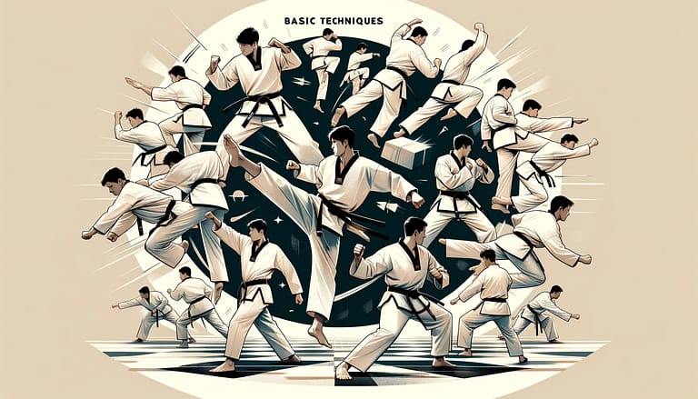 Basic Techniques - An image that visually summarizes the basic techniques in Taekwondo, including stances, blocks, strikes, and kicks.