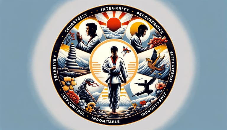 Educational image illustrating the Five Tenets of Taekwondo, with symbols and scenes depicting Courtesy, Integrity, Perseverance, Self-Control, and Indomitable Spirit, emphasizing their role in shaping practitioners into well-rounded individuals.