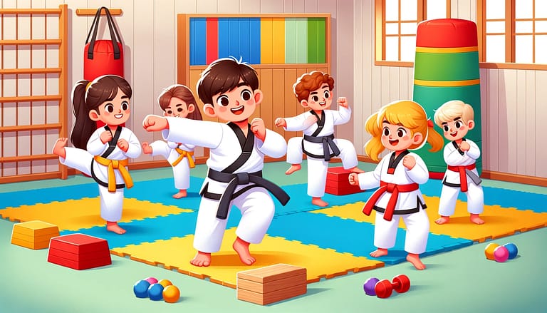 Taekwondo Basics for Kids - An image illustrating Taekwondo being practiced by children, emphasizing fun, learning, and the development of discipline and skills.