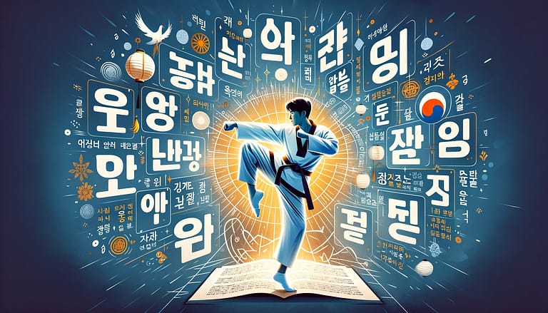 Korean Terminology - An image that represents the Korean terminology used in Taekwondo, perhaps includAn image that represents the Korean terminology used in Taekwondo, perhaps including Korean script and relevant martial arts imagery.ing Korean script and relevant martial arts imagery.