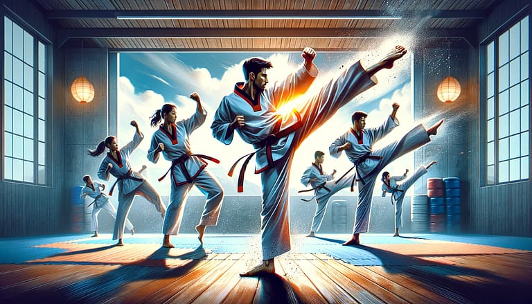 Dynamic image illustrating the Six Basic Kicks in Taekwondo, including front kick, side kick, roundhouse kick, back kick, hook kick, and axe kick, with practitioners demonstrating each technique against a backdrop that emphasizes power and precision.