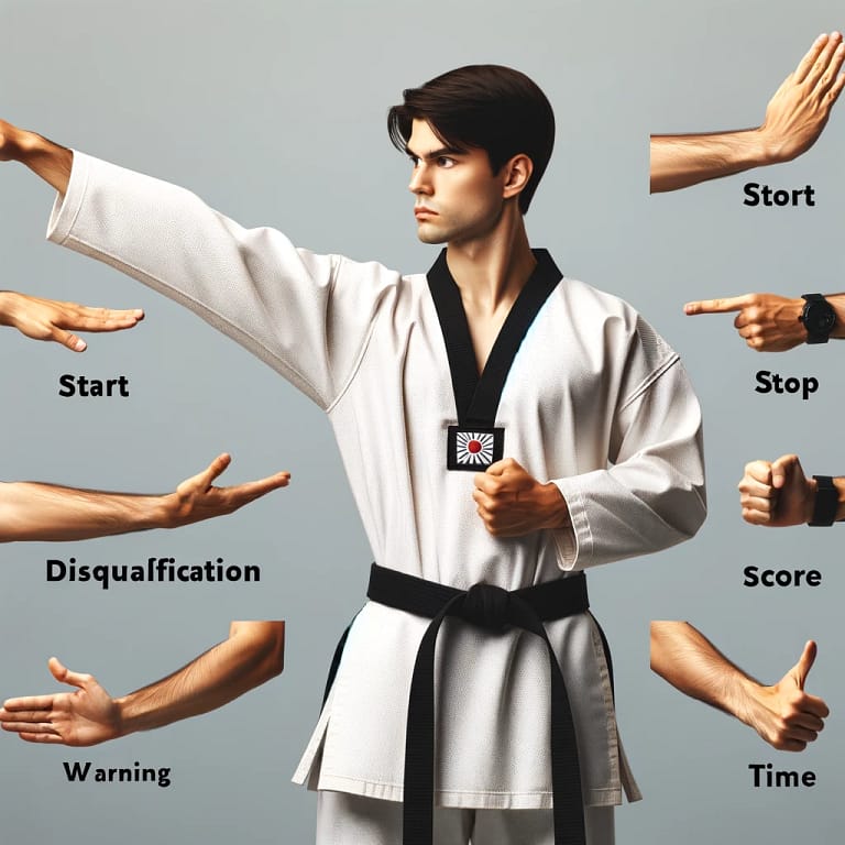 Taekwondo Poomsae referee in uniform demonstrating start, stop, deduction, disqualification, warning, score, and time hand signals against a neutral background.