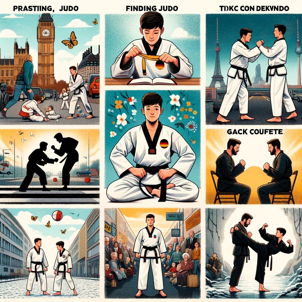 A visual narrative of the Taekwondo practitioner's life journey, capturing key moments from childhood challenges in Berlin, discovering Taekwondo, training, and eventually achieving a black belt and becoming an instructor.