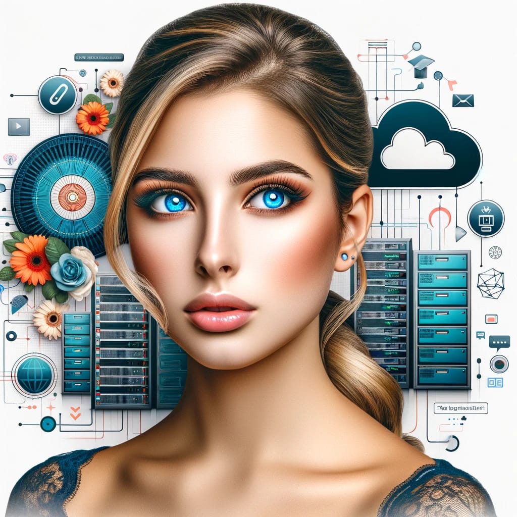 Promotional image for the all-inkl.com partner program, showcasing a young, beautiful woman with blue eyes and blond hair against a backdrop of web hosting symbols like servers and clouds, symbolizing the reliability and partnership of the web hosting service.