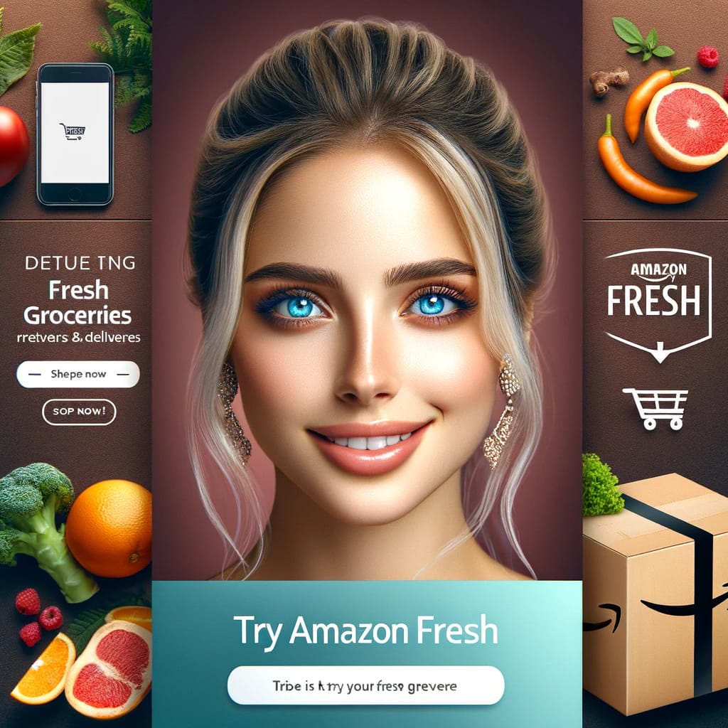 Engaging promotional image for Amazon Fresh, showcasing a vibrant selection of fresh fruits, vegetables, and groceries delivered right to your doorstep, symbolizing the ease and convenience of online grocery shopping.