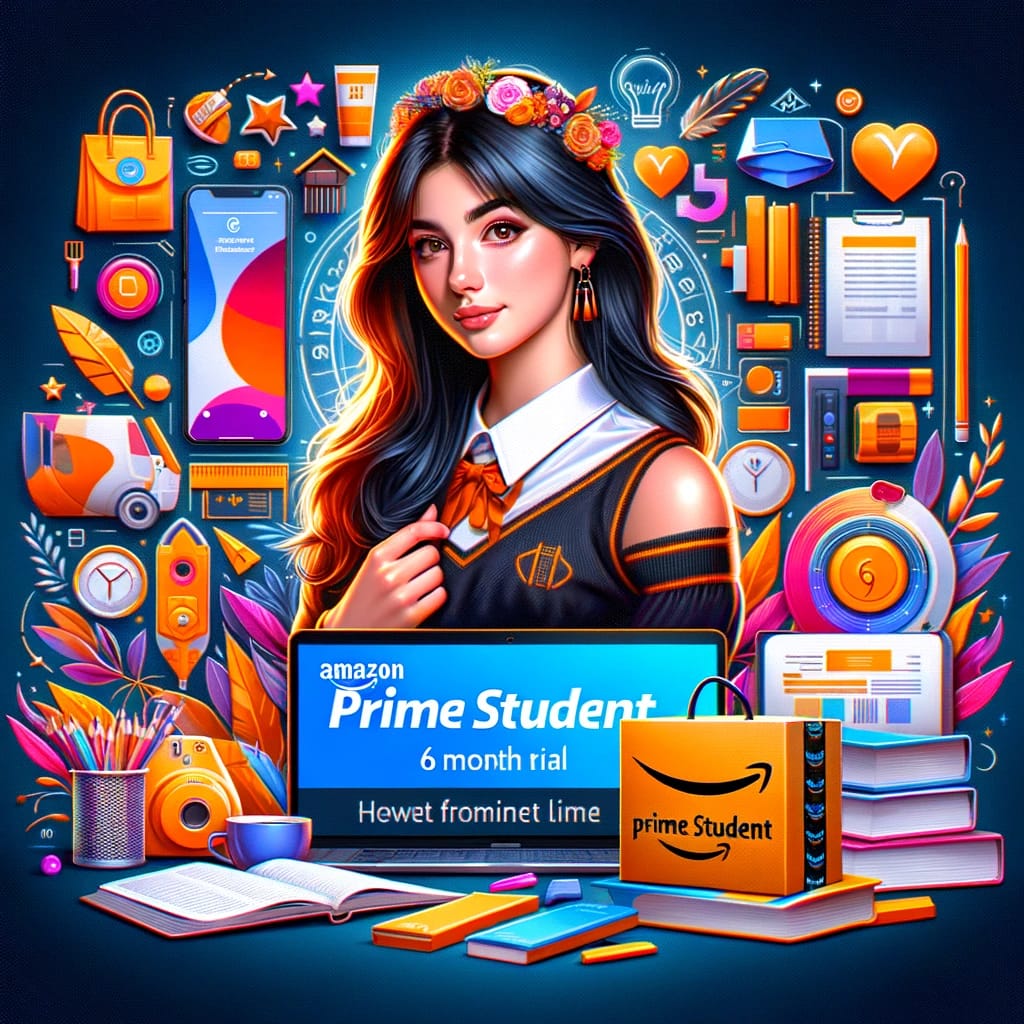 Promotional image for the Prime Student 6-month trial, featuring a happy student using a laptop surrounded by Prime benefits like fast shipping boxes, streaming devices, and textbooks, symbolizing the blend of convenience, entertainment, and savings tailored for students.
