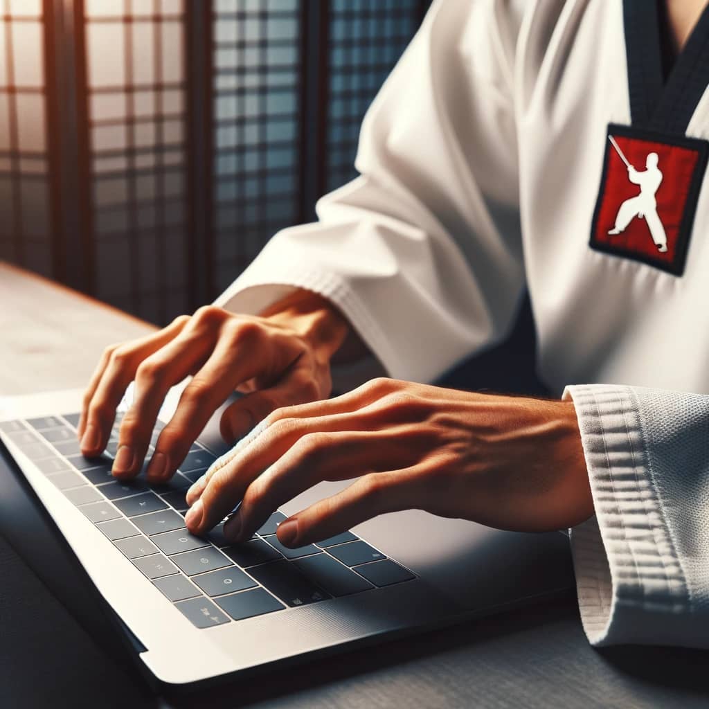 Close-up image of a Taekwondo practitioner's hands typing on a laptop, representing the seamless blend of martial arts tradition and modern digital technology, showcasing the evolution and accessibility of martial arts knowledge in the digital age.