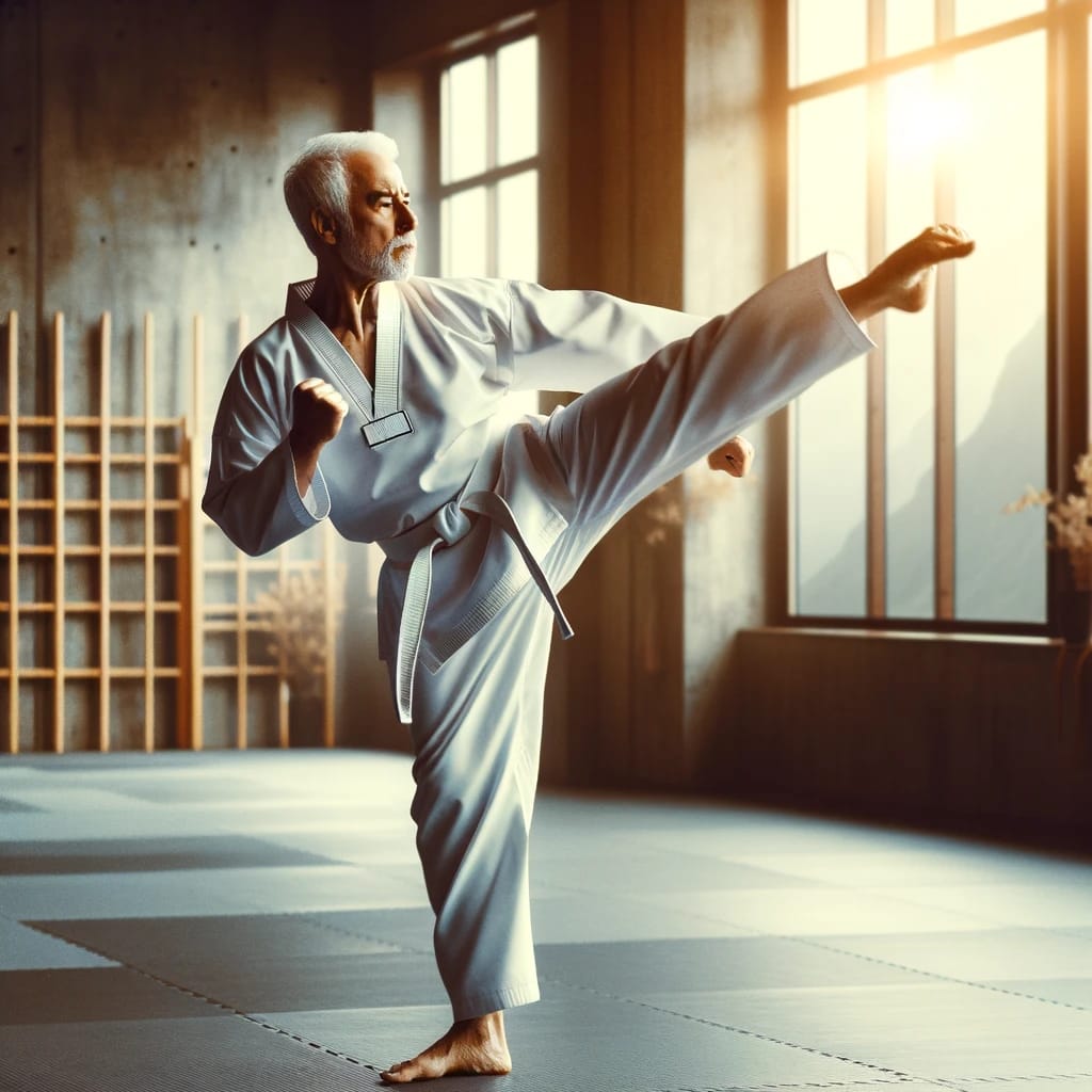 Age is Just a Number in Taekwondo - Senior practitioner in a white Taekwondo uniform executing a precise kick with focus and balance in a serene dojang.