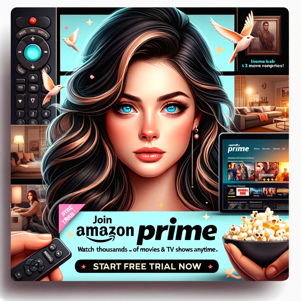 Promotional image for Amazon Prime featuring a young woman with blue eyes, surrounded by movie night essentials like a remote and popcorn, with text urging to join Amazon Prime for endless movies and TV shows. The cozy living room setting enhances the appeal of starting a free trial now.