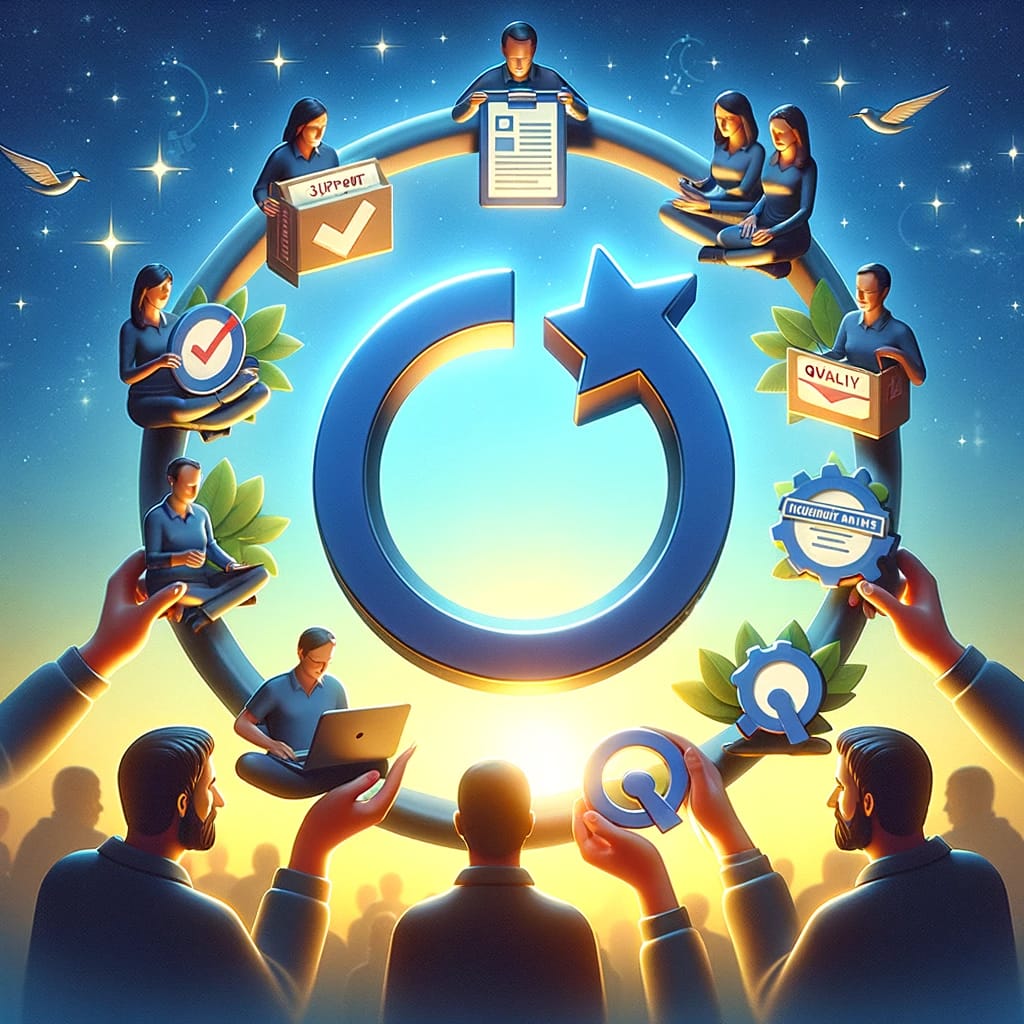 Image illustrating a seamless loop symbolizing the reciprocal cycle of support and quality content in affiliate marketing, highlighting how affiliate partnerships foster mutual growth and enhanced value for all parties involved.