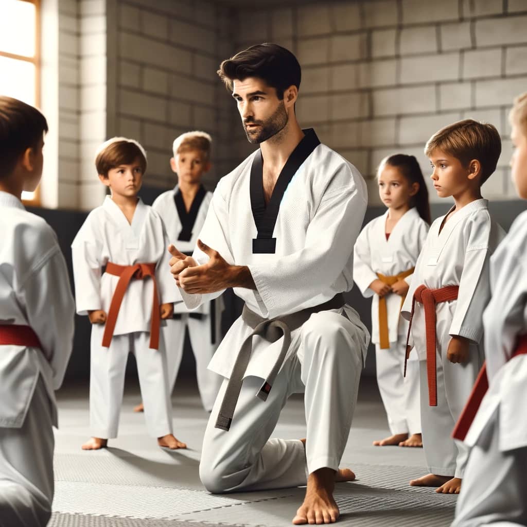 An image showcasing a Taekwondo instructor demonstrating a technique to students in a dojang.