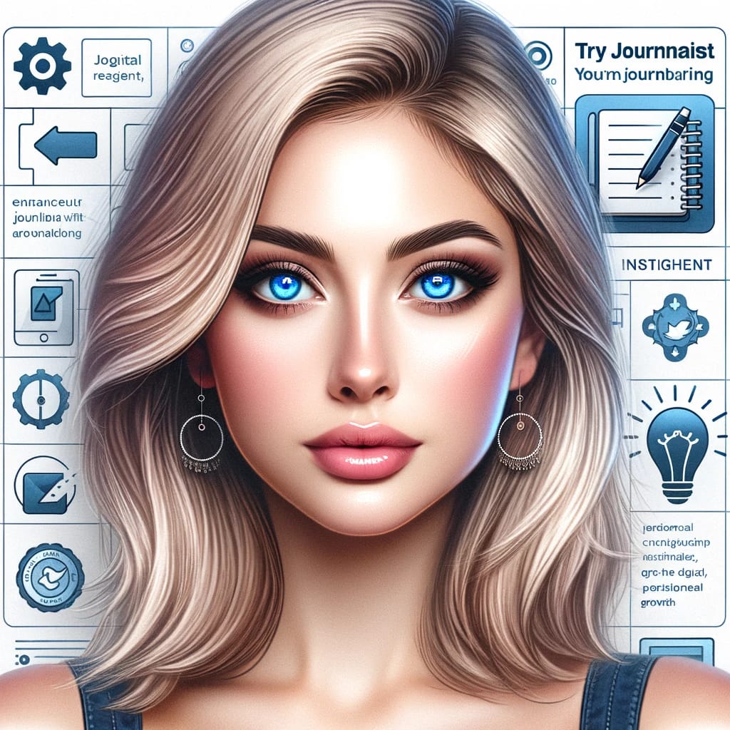 Promotional image for Journalist.com featuring a young woman with blue eyes and blonde hair, symbolizing modern digital journaling. She stands confidently against a backdrop of journaling icons and digital elements, highlighting the platform’s focus on creativity and personal growth.