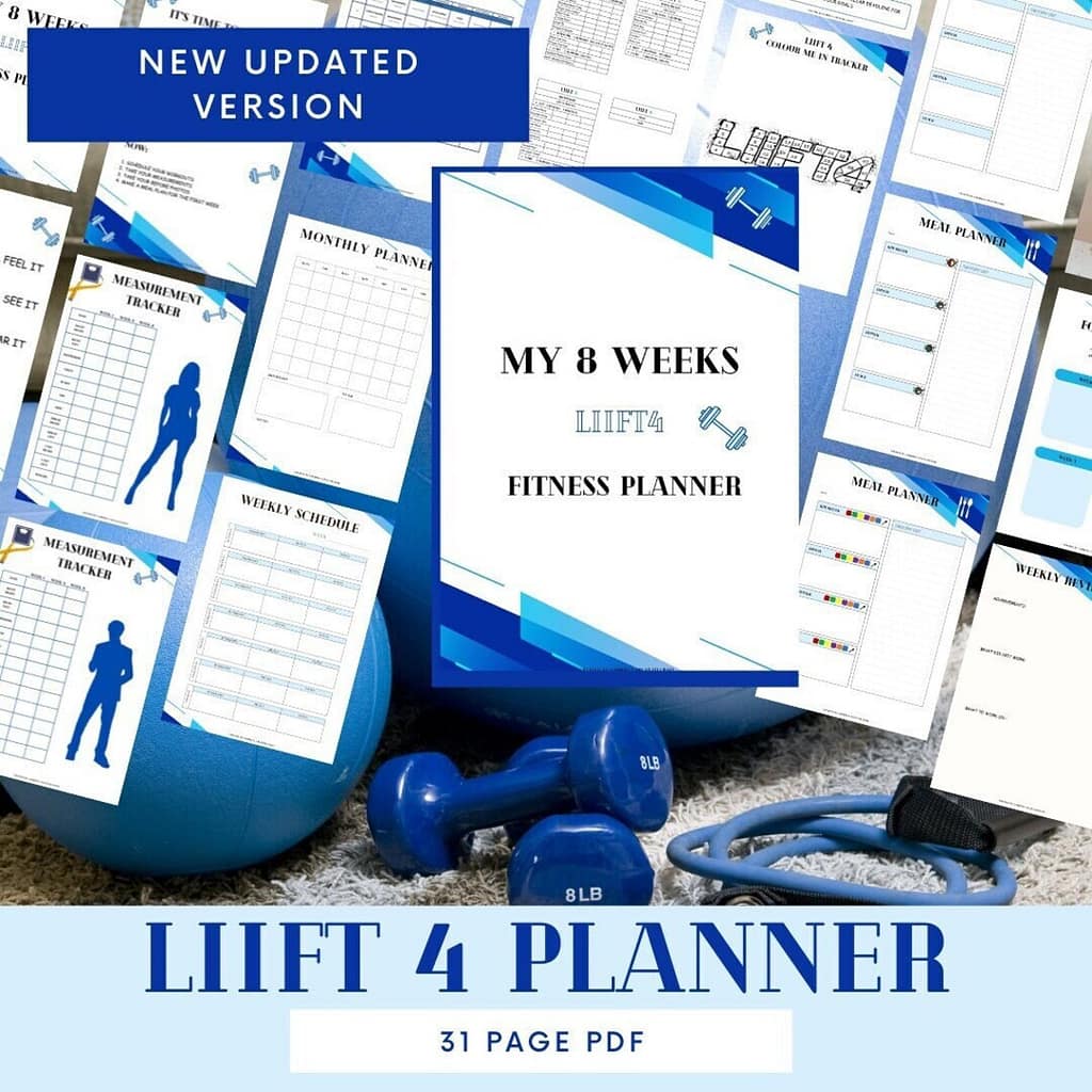 Maximize Your Fitness Journey with PlanFitCraft's LIIFT4 Digital Fitness Planner Description: This vibrant image showcases the essential tools for fitness success: dumbbells, nutritious food, water for hydration, and the indispensable LIIFT4 Fitness Planner by PlanFitCraft.