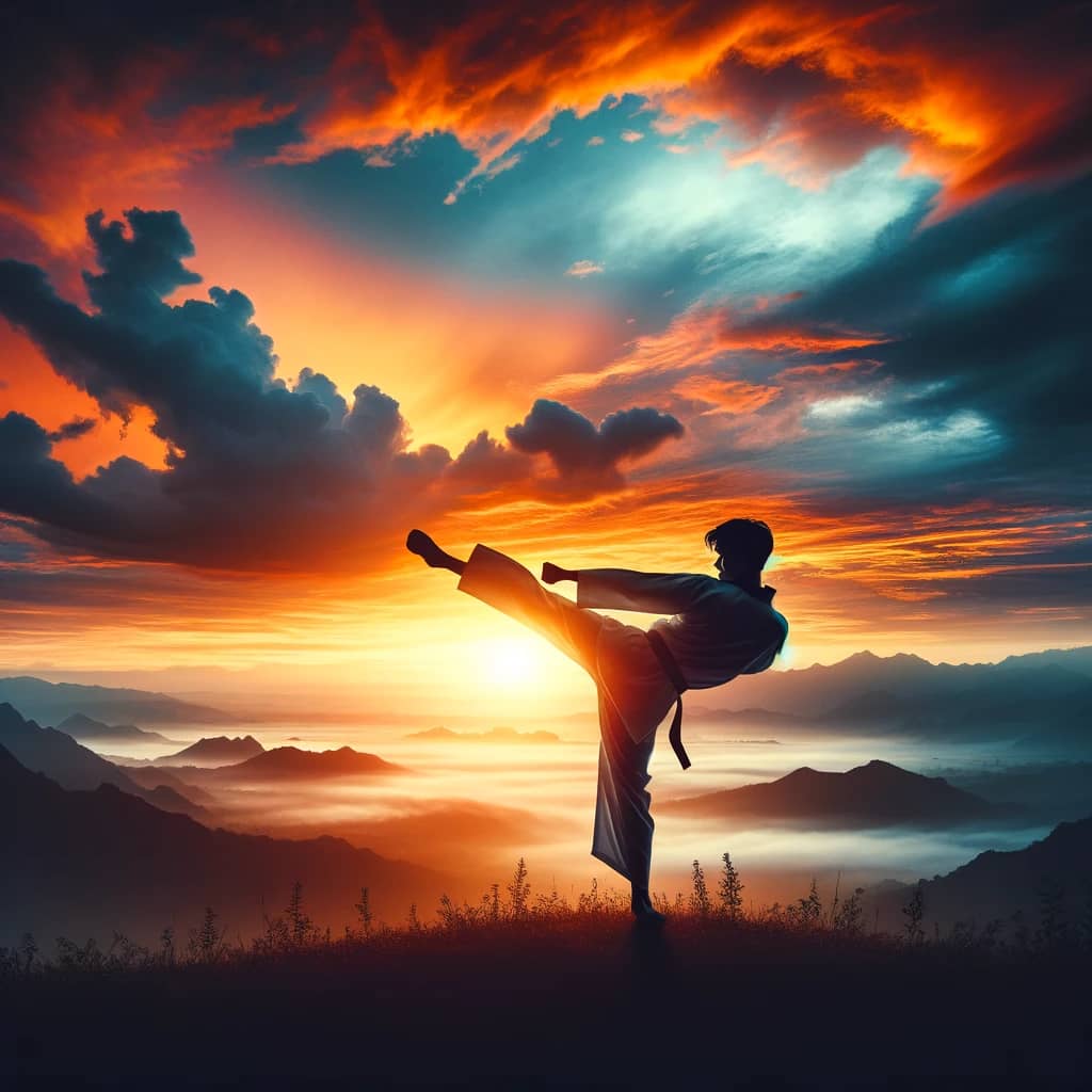 Inspirational silhouette of a Taekwondo practitioner executing a powerful kick against the backdrop of a stunning sunset, embodying the essence of motivation, discipline, and the enduring spirit of martial arts.