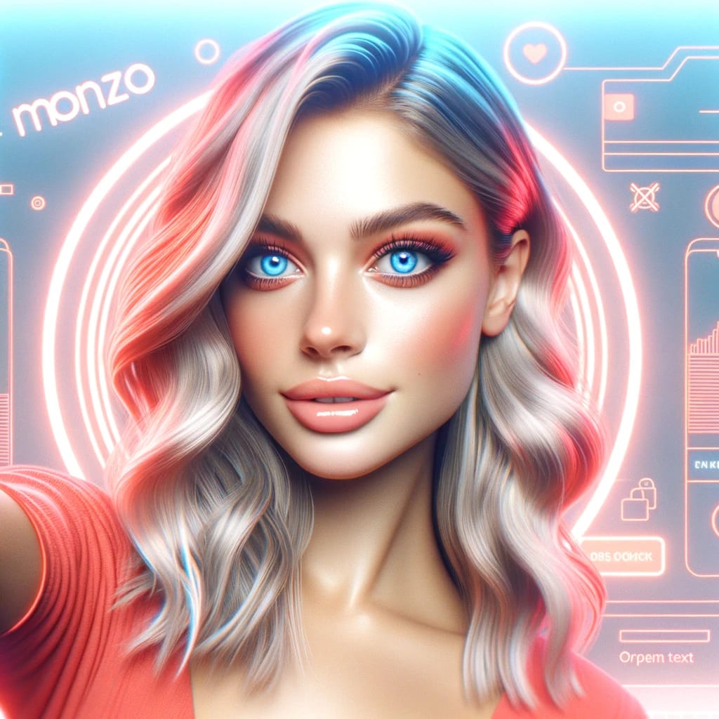 Promotional image for Monzo Bank featuring a confident young woman with blue eyes and blond hair against a background subtly incorporating Monzo's neon coral and white colors. Her welcoming pose conveys trust and reliability, reflecting the bank's innovative and user-friendly services.