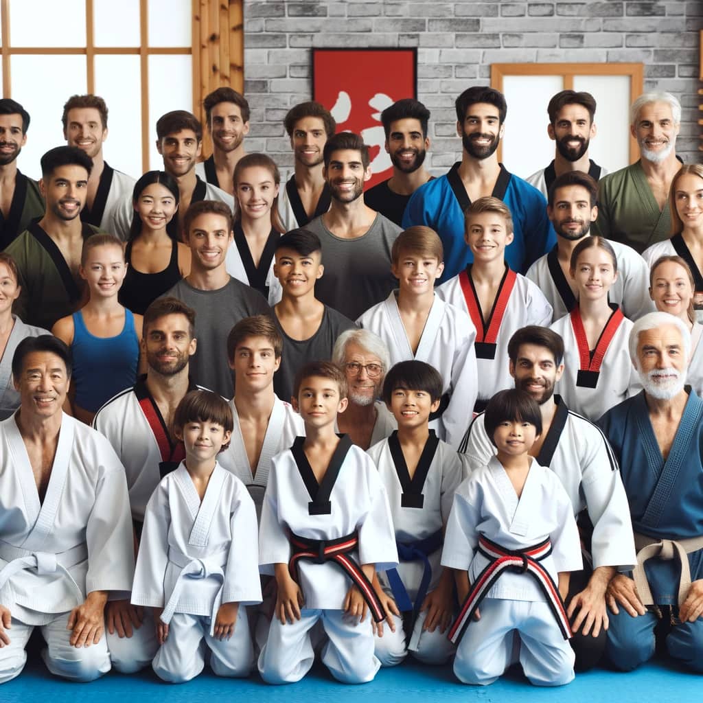 Group photo of a diverse Taekwondo class, with practitioners of all ages, backgrounds, and skill levels posing together, illustrating the strong sense of community, inclusivity, and shared passion for martial arts.