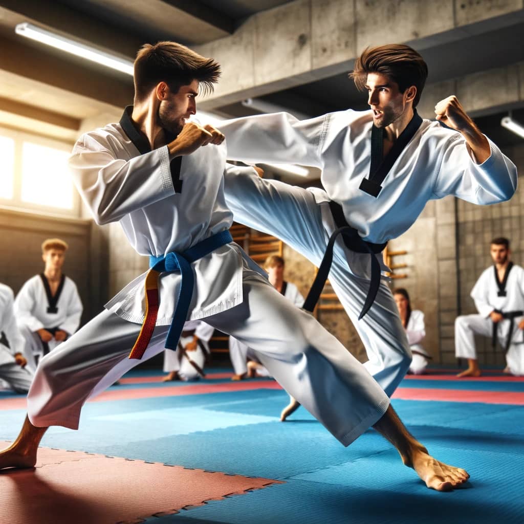 Dynamic action shot capturing the intensity and skill of a Taekwondo sparring session, with two practitioners engaged in a competitive exchange, showcasing the athleticism, strategy, and spirit of the martial art.