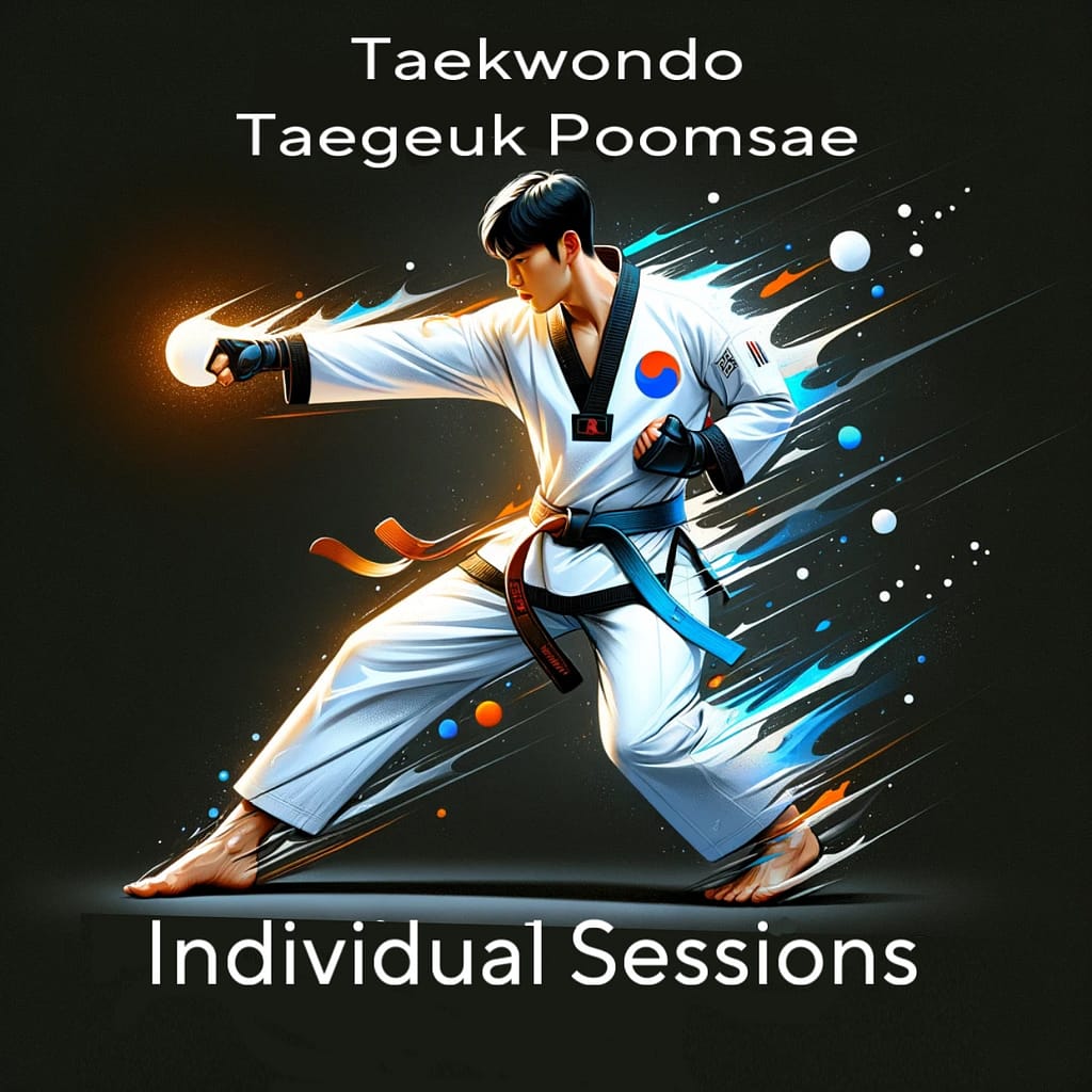 Taekwondo practitioner performing Taegeuk Poomsae with focused precision, symbolizing personalized training.