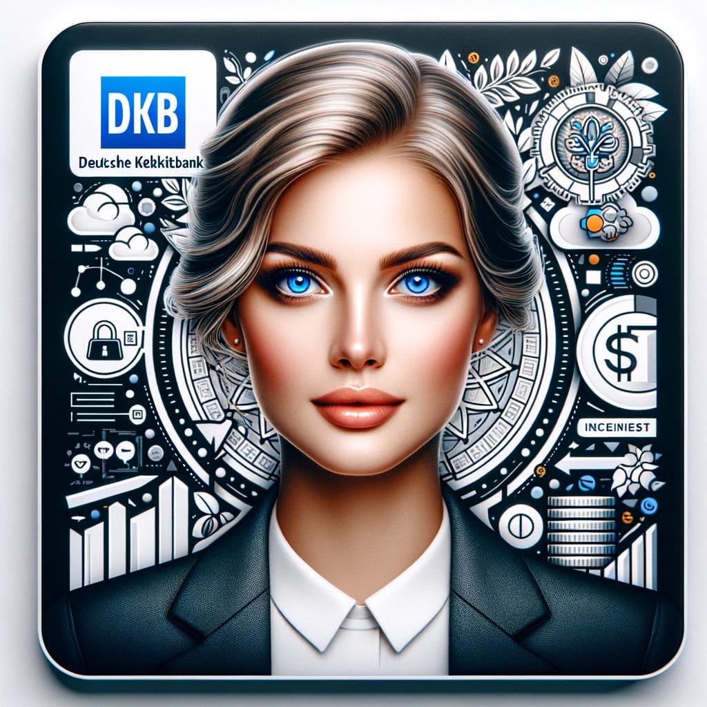 A captivating promotional image for DKB - Deutsche Kreditbank featuring a confident, intelligent young woman with blue eyes and blonde hair. She is surrounded by subtle branding elements and themes of finance, trustworthiness, and modern banking, designed to engage and appeal to a contemporary audience.