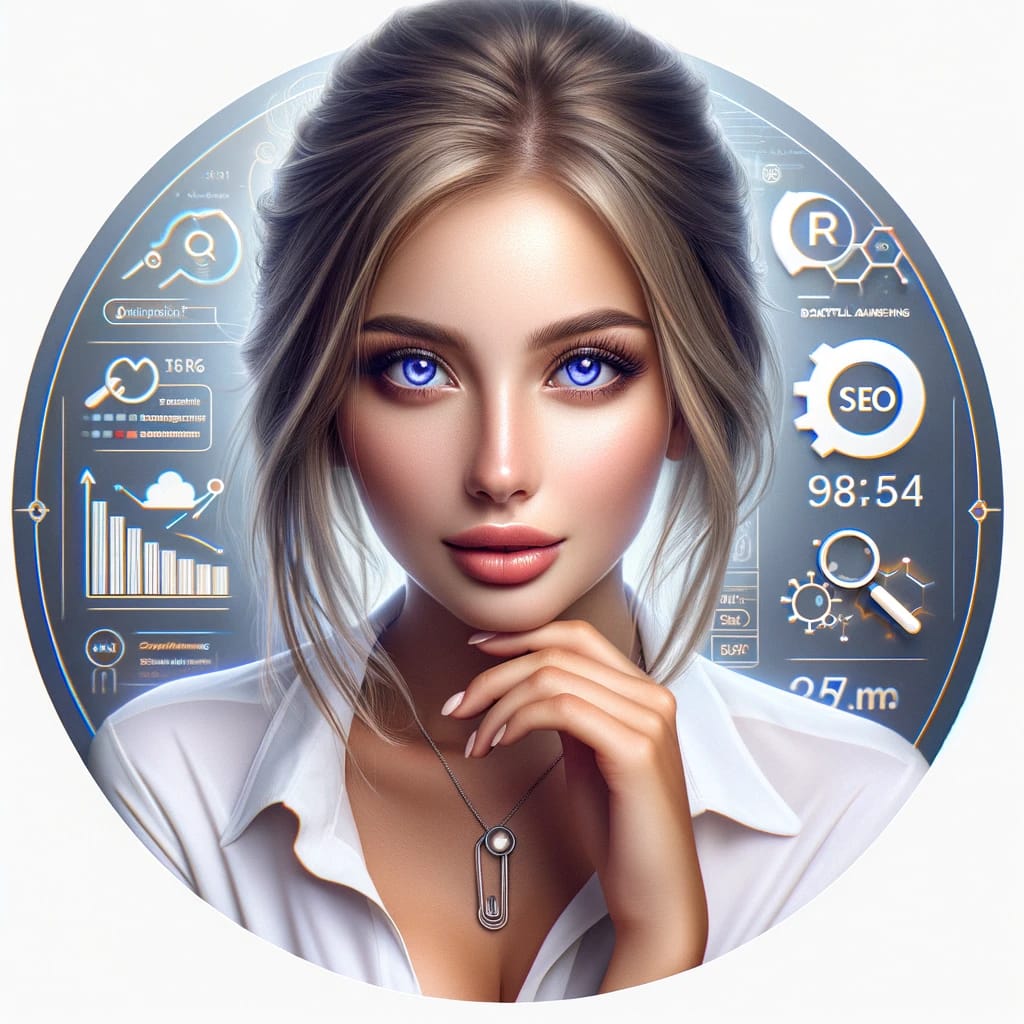Promotional image for RankMath featuring a confident young woman with blue eyes and blonde hair, symbolizing the smart and strategic approach to SEO. The background integrates SEO elements like keywords and graphs, highlighting RankMath's capabilities in optimizing website rankings. The design captures the essence of modern digital marketing with a focus on effectiveness and visibility.